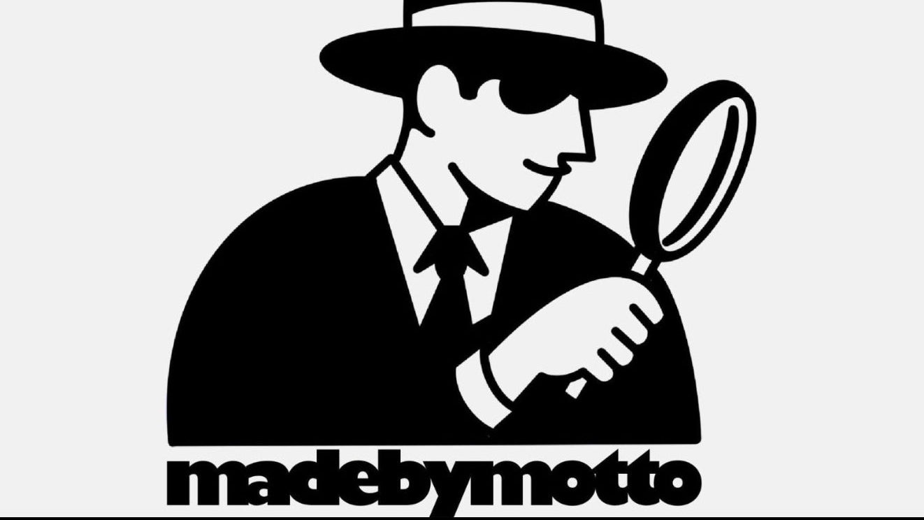 Logo of a man in a suit holding a magnifying glass with 'madebymotto' text on a white background